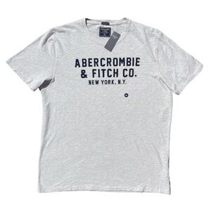 NWT Mens ABERCROMBIE & FITCH Light Heather Gray w/ Navy Blue Applique Logo T-shi